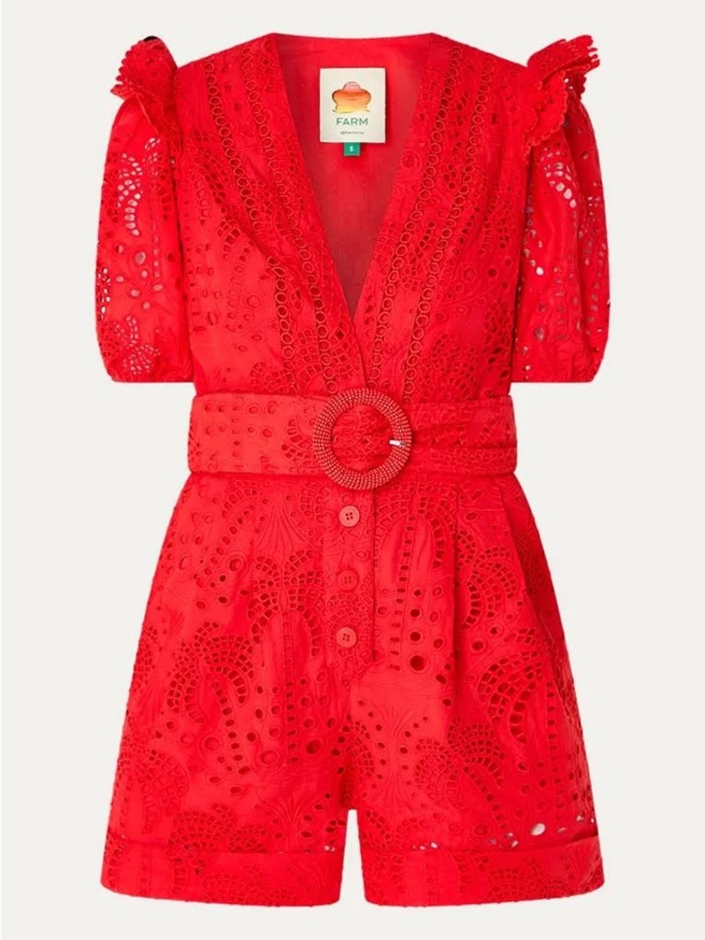 FARM Rio Red Eyelet Belted V-Neck Romper size Large